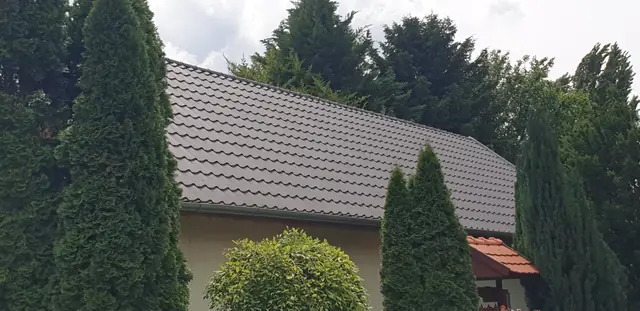 A cserepeslemez tető a kert fái mögül