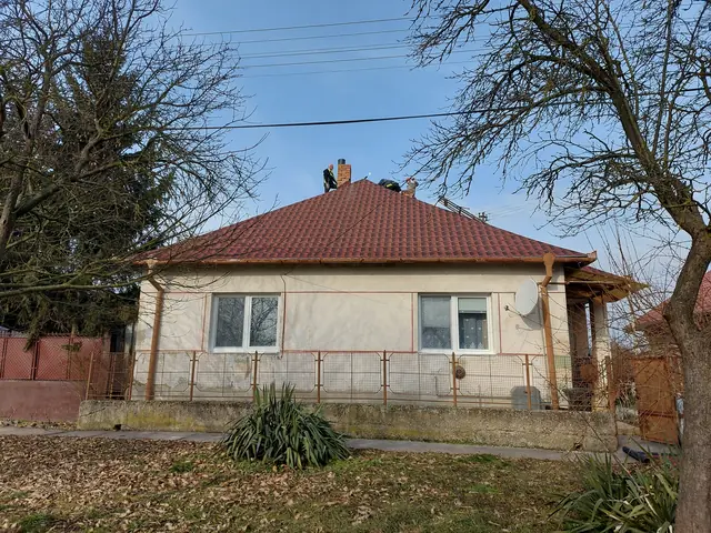 Családi ház felújított tetővel, a kertből nézve
